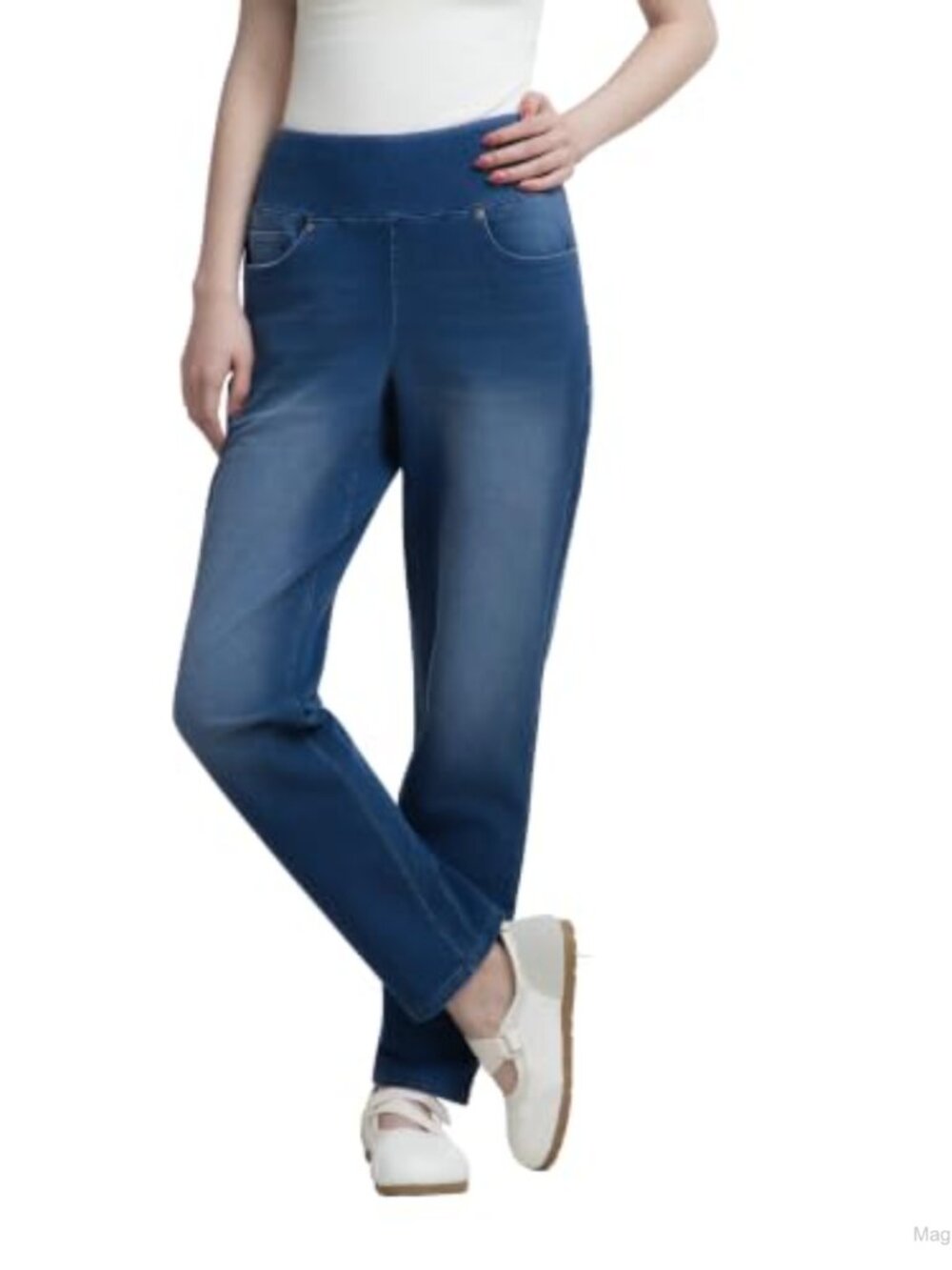 High Waisted Stretchy Cotton Blend Pull-On Jeans Straight Leg